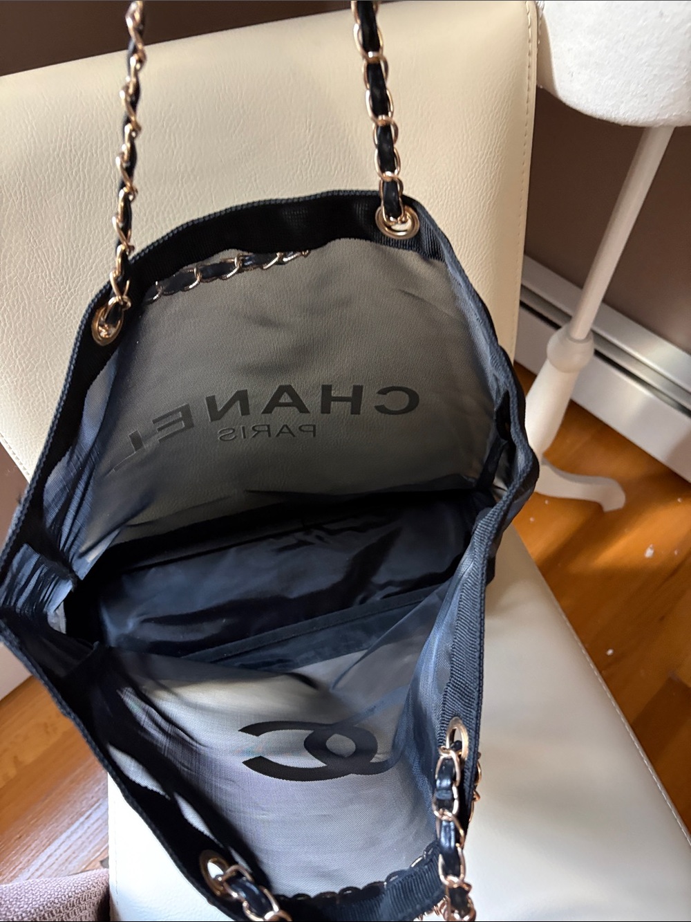 Fashion Chanel- Source Unknown Black Mesh Tote with Gold Chain Handles - Picture 4 of 7